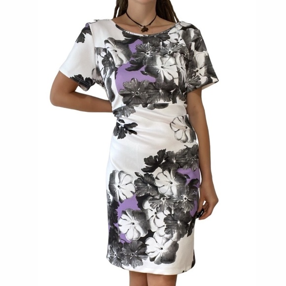 Eloquii NWT White Purple Floral Femme Bodycon Short Sleeve Mini Dress Plus 16 - Picture 1 of 12